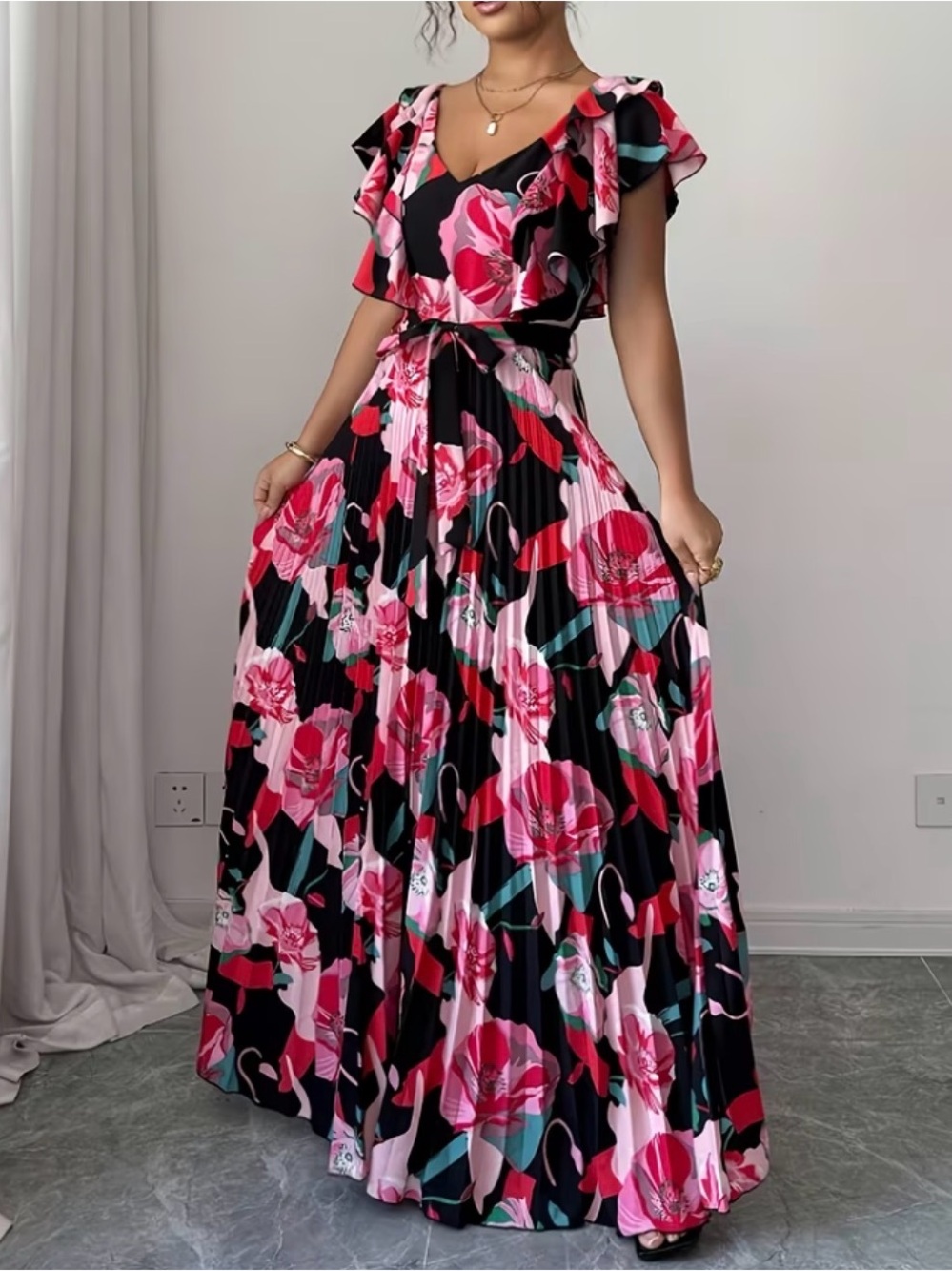 Flutter-Sleeve Floral Maxi Dress in Pink and Black